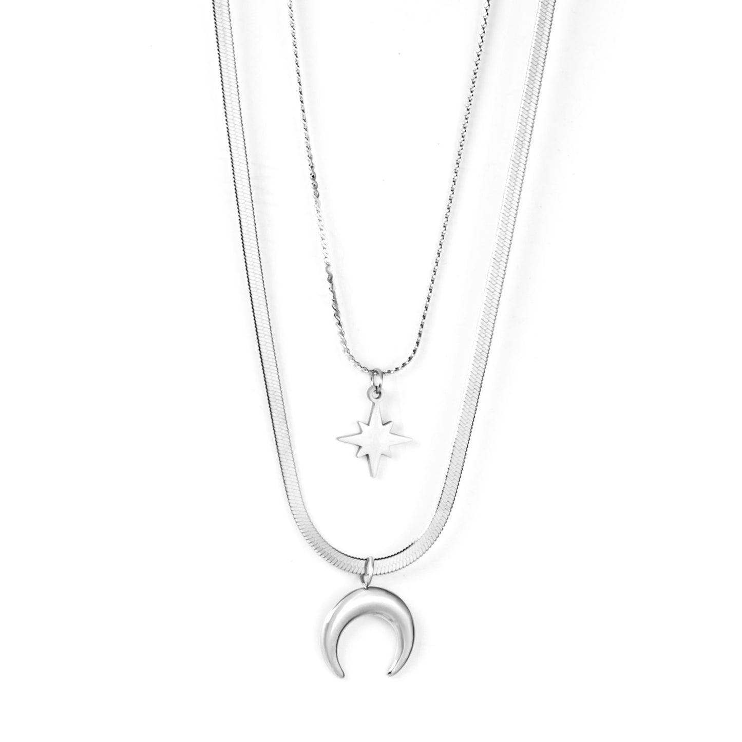 Aulala Silver Crescent Moon 2 layer Necklace with Star Charm