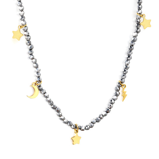 Aulala Hematite and gold stars charm Necklace