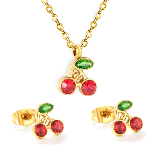 Cherry Diamante pendant on chain and Earring Set