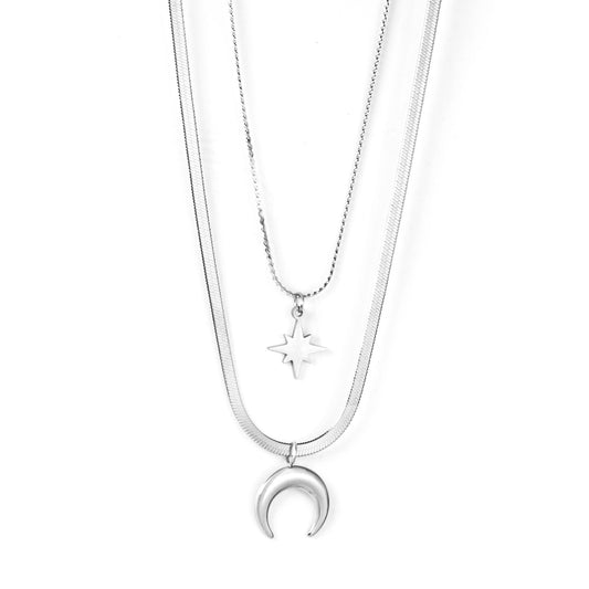 Aulala Silver Crescent Moon 2 layer Necklace with Star Charm
