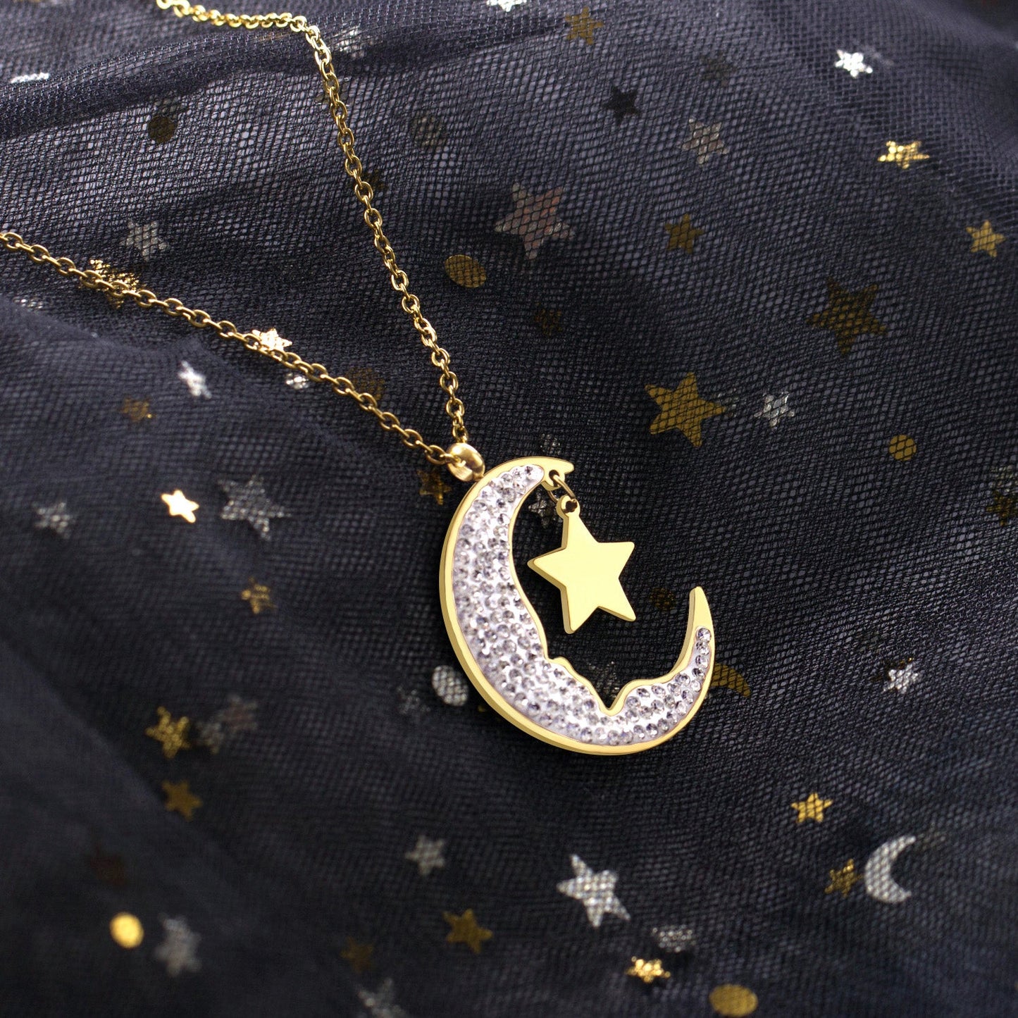 Aulala Stoneset Crescent Moon with Star Charm